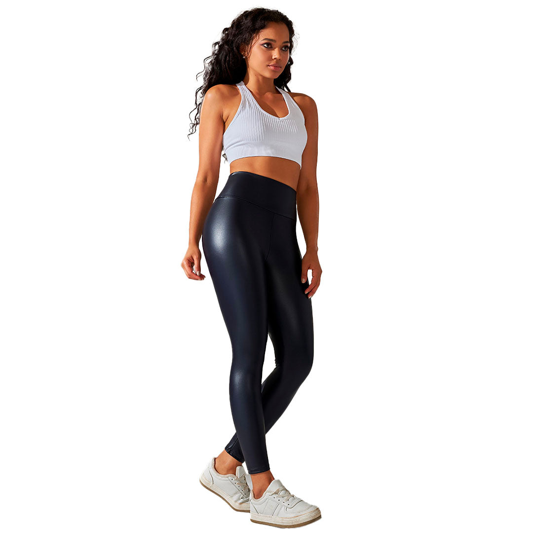 Damen Leder Scrunch Dunkelblau Leggings